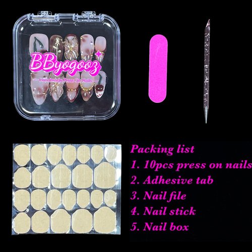 Handmade Press On Nails Medium Almond Elegant 3D Cherry & Gold Floral Accent False Nails | Nude Pink Base with Wine-Red Tips, Reusable Acrylic Fake Nails (Wine Cherry, L)