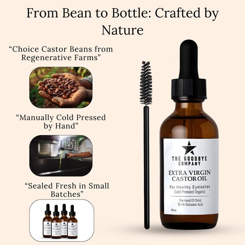 USDA Organic Castor Oil for Eyelashes and Eyebrows Growth - 100% Pure Cold-Pressed, Hexane-Free 60ml with Applicator - Handcrafted in Florida for Hair, Skin & Lashes