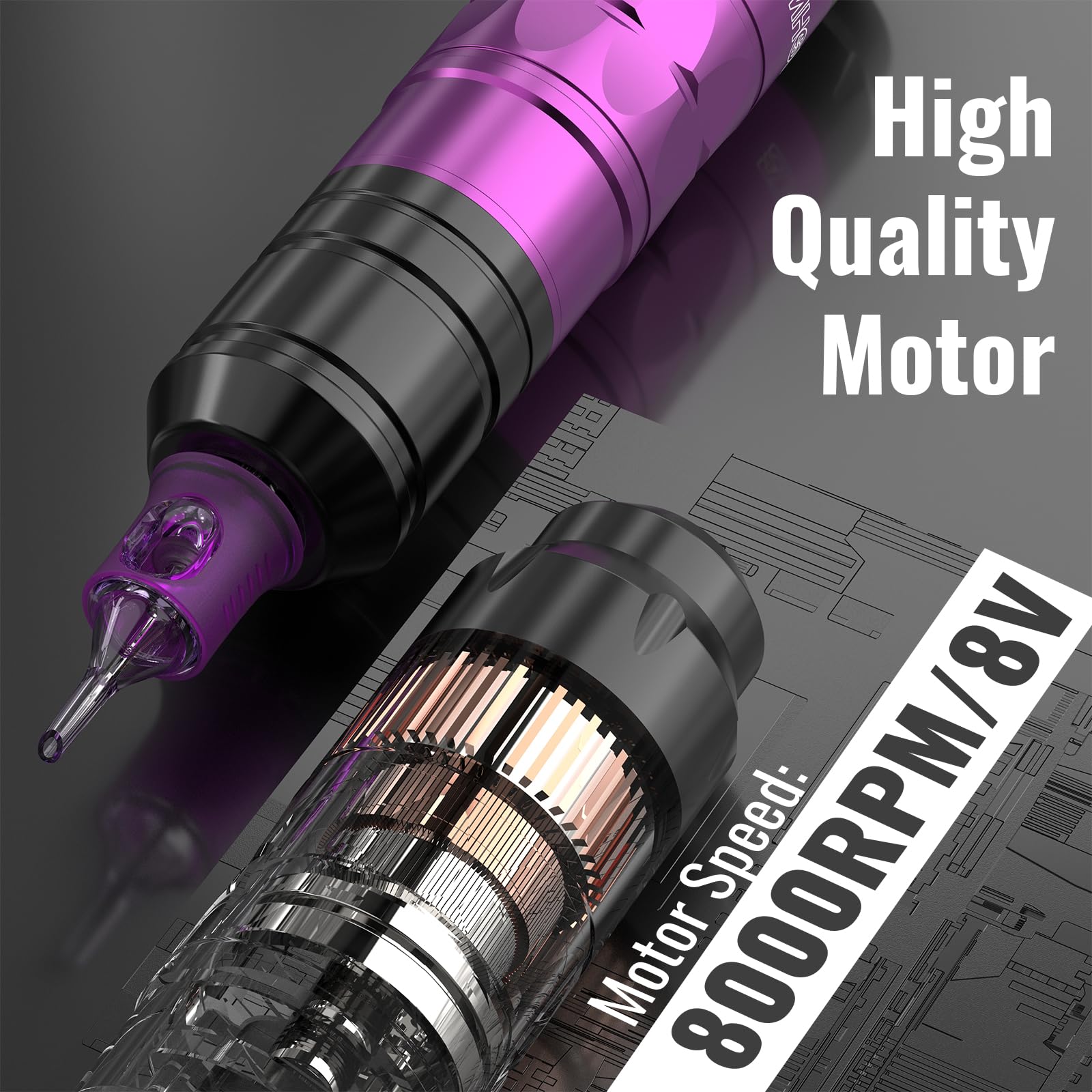 Wormhole Tattoo Gun Tattoo Kit with Wireless Tattoo Machine, 2PCS 1,200mAh Capacity Tattoo Batteries, 20 Cartridge Needles with Finger Ledge, Ink Color Set for Artists-Purple