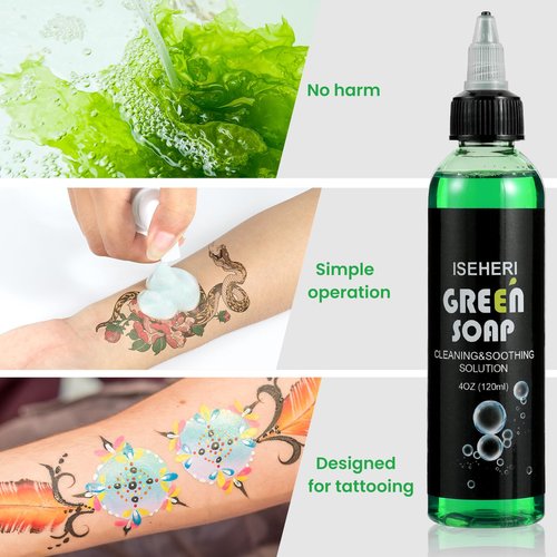 iseheri Ultra Concentrated Green Soap Tattoo 4OZ with Foaming Bottle 120ml, Green Soap Tattoo Supplies for Tattoos Piercings, Clean Skin Equipment