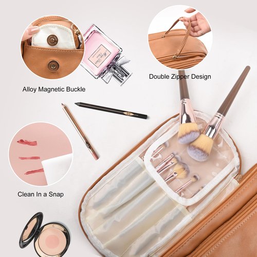 Live Saft Super Travel Makeup Bag - Large Capacity Cosmetic Bags For Women Portable Opening Travel Toiletry Bags, Waterproof PU Leather Pouch Open Flat Makeup Organizer With Handle and Divide Brown