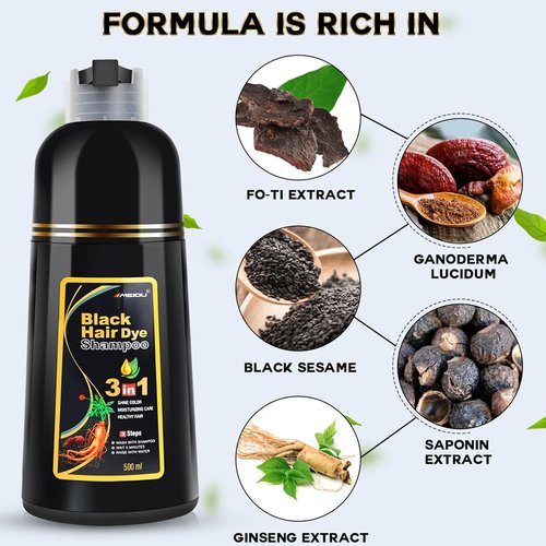 IIIMEIDU Black Hair Dye Shampoo - 3-in-1 Formula for 100% Gray Coverage | Natural Herbal Ingredients, 500ml