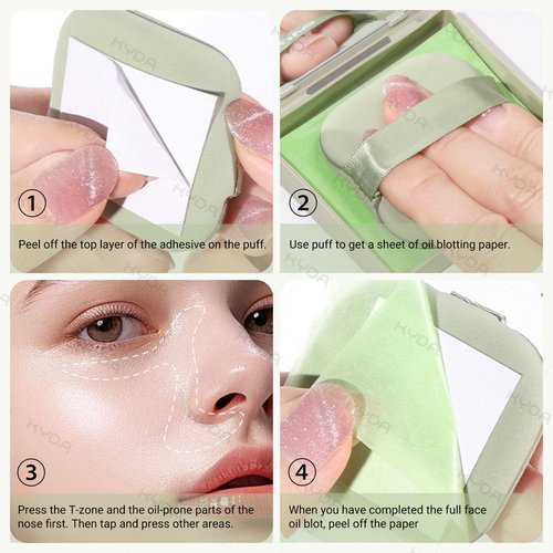 KYDA 400 Sheets Face Oil Blotting Paper, Included Refills, Mirror and Puff, Oil Absorbing Sheets for Matte Makeup, Controls Shine, Absorb Excess Oil, Travel Size Gentle Face Makeup, Green Tea