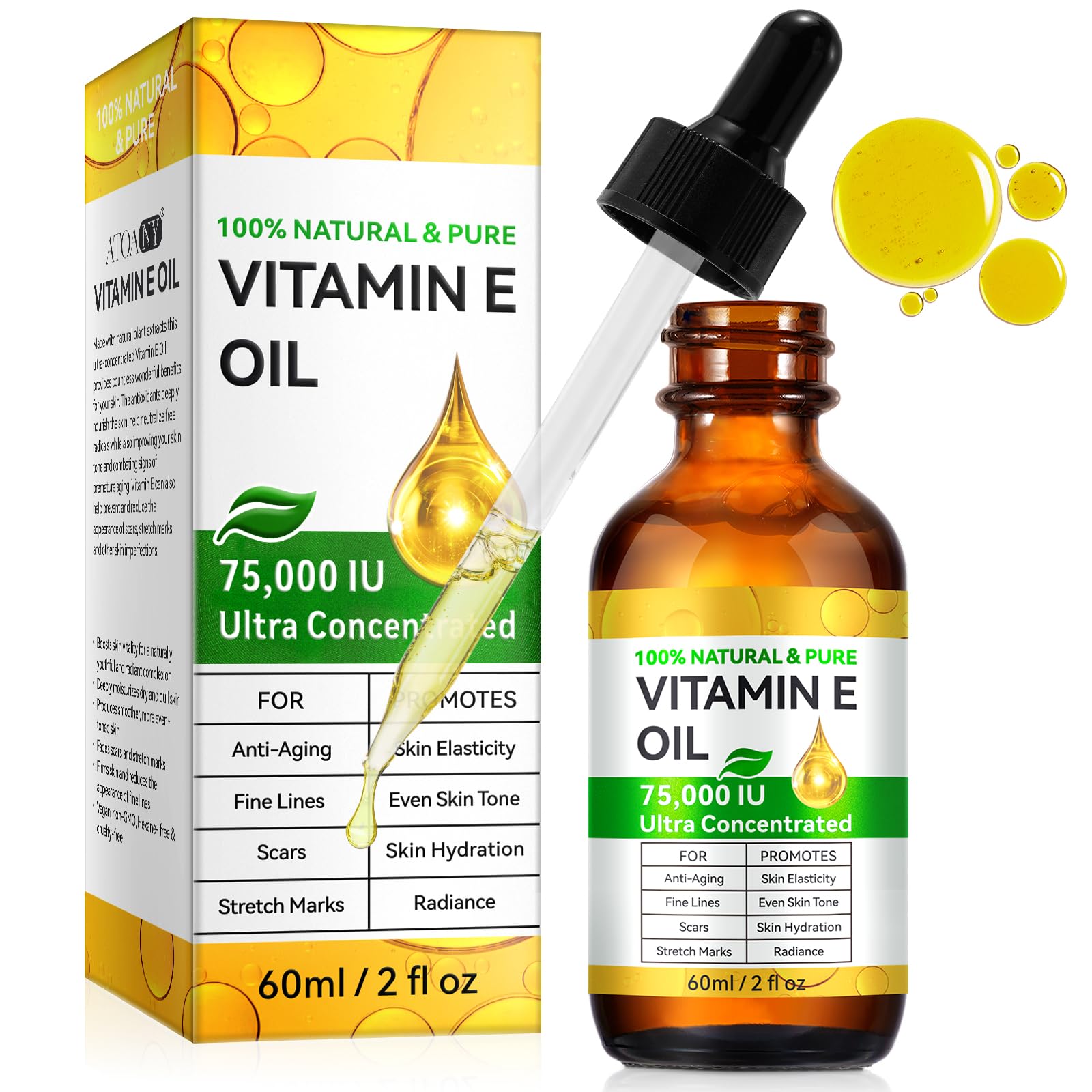 Vitamin E Oil, 75,000 IU, 100% Pure Vitamin E Oil for Skin, Hair & Nails, Hydrating Dry Skin, Face and Body Moisturizer, Reduce Stretch Marks, Wrinkles, 2Fl Oz