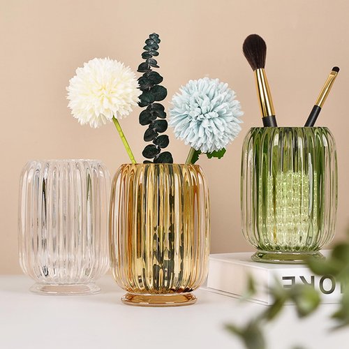 Lejesth Crystal Makeup Brush holder Organizer, Vintage Make Up Brush Cup Pen Pencil Holder striped vase, Comb Brushes Pen Pencil Storage Box Container (Clear)