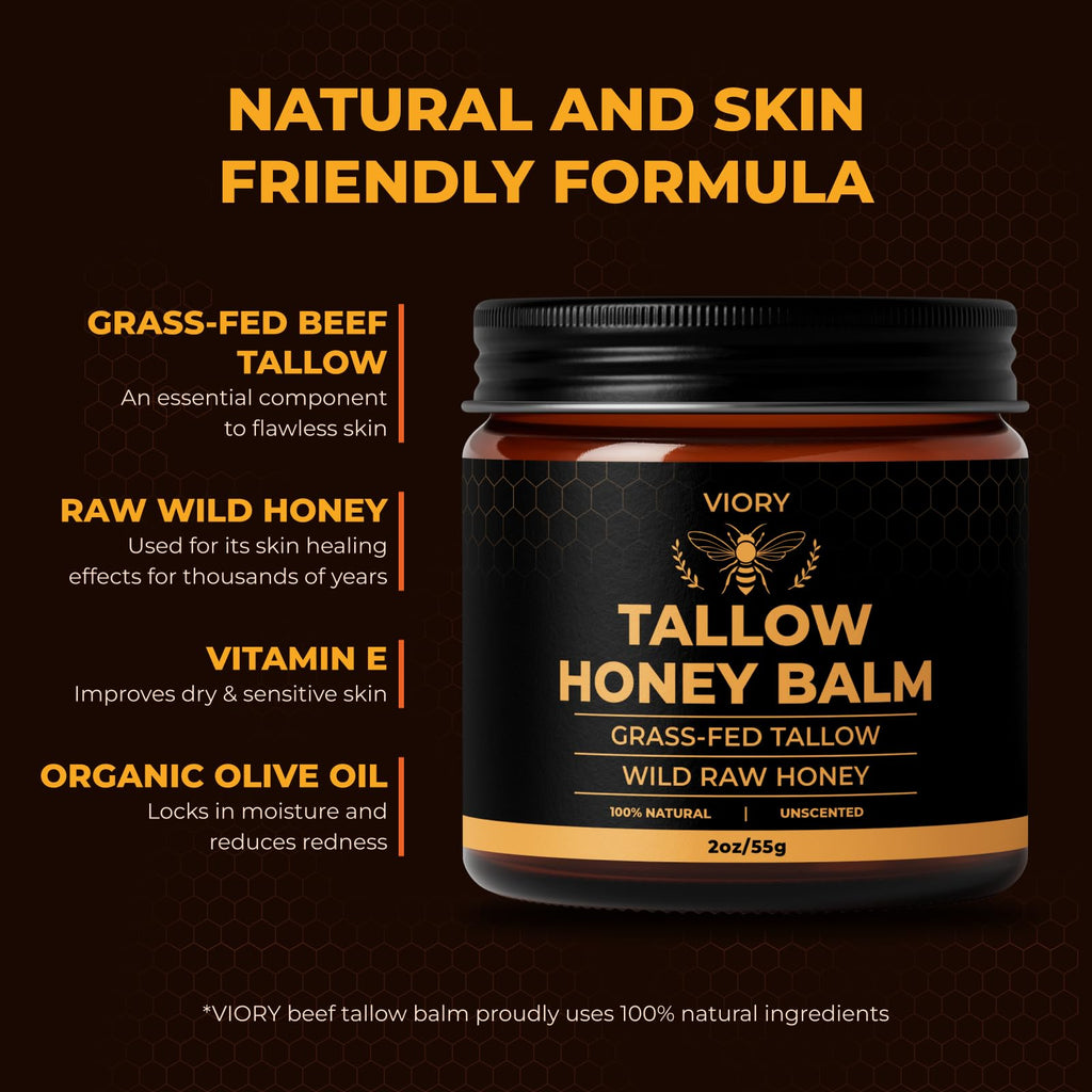 VIORY Tallow and Honey Balm for Face, Beef Tallow for Skin, Moisturizer with 100% Organic Grass-Fed Beef Tallow & Raw Wild Honey - Natural Formula for Dry & Sensitive Skin (Unscented)