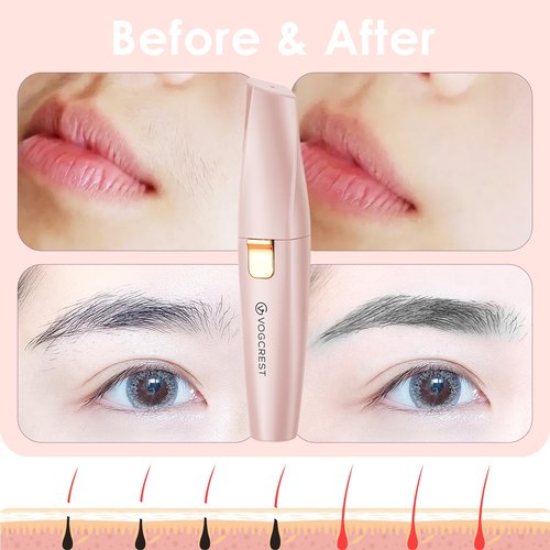 VG VOGCREST Eyebrow Facial Trimmer: 2 in1 Rechargeable Facial Hair Removal and Eyebrow Shaver - Face Lips Body Painless Facial Razor with Built-in LED Light (Pink)