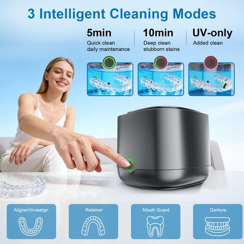 OnBeam Ultrasonic Retainer Cleaner, 45kHz Retainer Cleaner Machine 4000mAh for Denture, Night Guard, Mouth Guard, Aligner, Brace 24W Dental Cleaning Pod with 4 UV Lights, 200ml Multiple Cleaning Modes