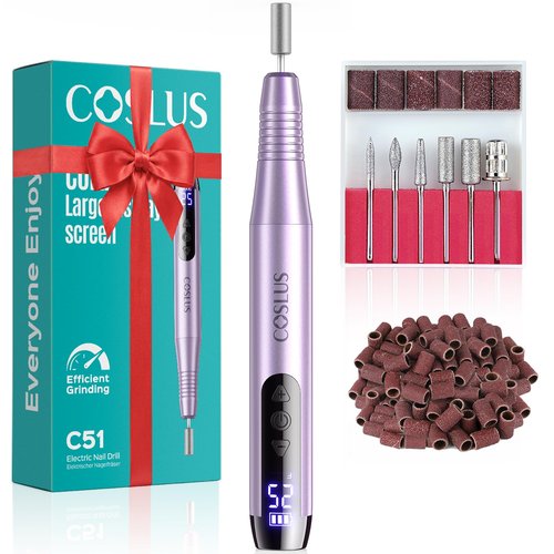 COSLUS C51 Electric Cordless Nail Drill: Professional Nail File with LED Screen & 25 Speeds for Acrylic Gel Dip Powder Removal, Beginner-Friendly for Home DIY & Salon, Portable for Travel, Purple