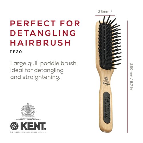 Kent PF20 Narrow Cushion Paddle Brush - Detangles Long Thick Curly Hair | Scalp Massager for All Hair Types