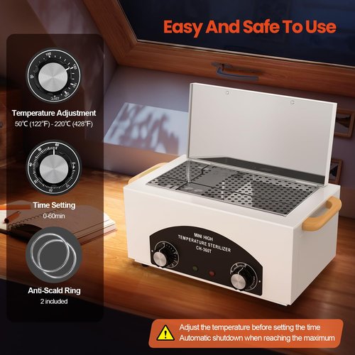 High Temperature Metal Tool Cleaner Machine, 2L Dry Heat Cleaning Box with Temperature & Time Setting, Cleaning Cabinet with Handle, for Beauty Salon, Barber Shop, Lab, Dental, Home, Restaurant, White