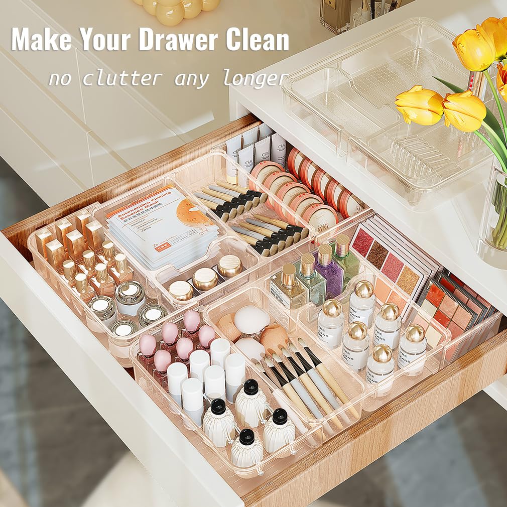 Wi4you Expandable Drawer Organizer Tray from 11” to 19.1”, Adjustable Silverware in Drawer Holder, Clear Plastic Drawer Storage with Sliding Dividers for Utensil, Cosmetics, Toiletries, Offices