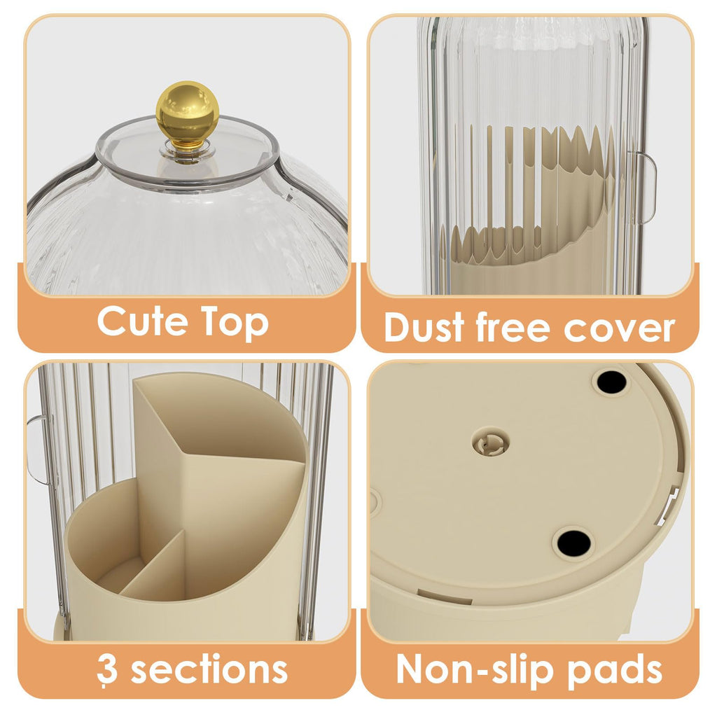 YOOLENS Makeup Brush Holder with Lid 360 Rotating Clear Dustproof Make Up Organizers for Vanity Bathroom Countertop, White Beige