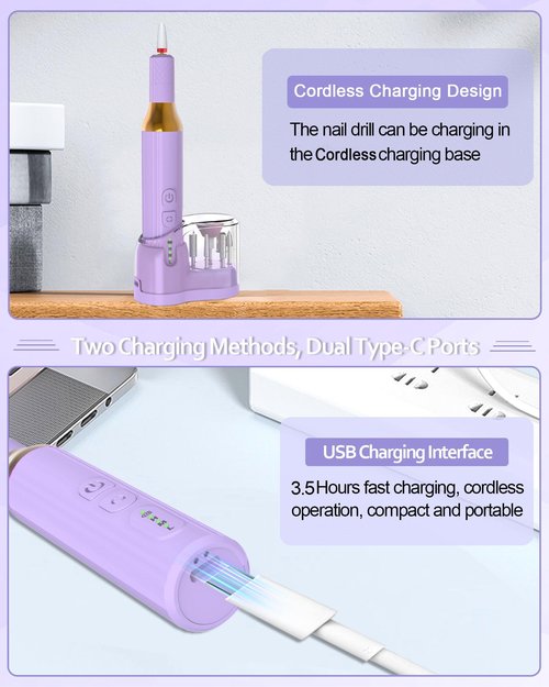 DEEHENK Nail Drill,Cordless Electric Files for Gel Nails E-File Manicure Kit Women Rechargeable Cordless Drill para Uñas Profesional Machine Grinder Acrylic Purple