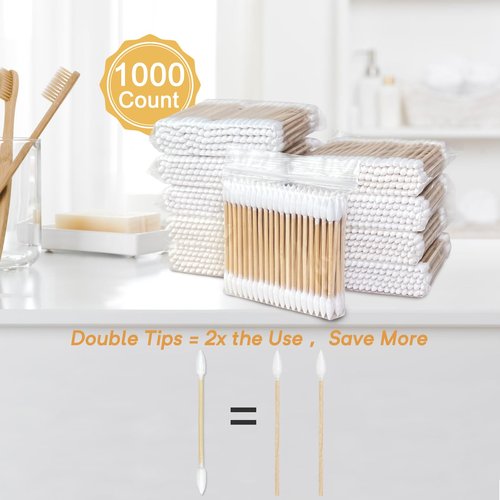 Meanhoo 1000 Count (2000 Tips) Bamboo Cotton Swabs, Double Pointed Organic Cotton Swabs with Durable Bamboo Sticks, for Nail, Makeup, and Personal Use
