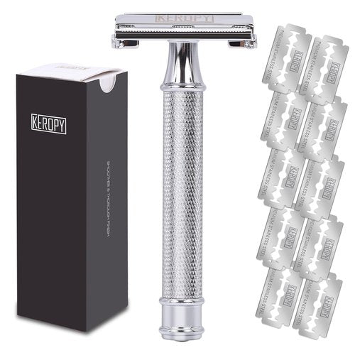 Safety Razor for Men, Premium Stainless Steel Butterfly Open Comb DE Razor, Weighted Heavy Handle with 10 Double Edge Blades, Mirror Polished Silver - Luxury Gift Set for Dad, Groom