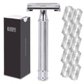Safety Razor for Men, Premium Stainless Steel Butterfly Open Comb DE Razor, Weighted Heavy Handle with 10 Double Edge Blades, Mirror Polished Silver - Luxury Gift Set for Dad, Groom