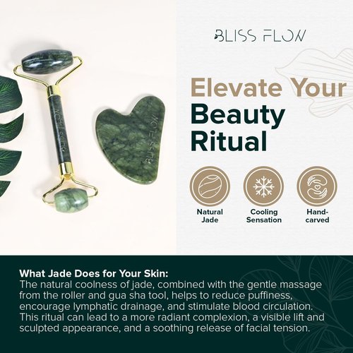 BlissFlow Jade Roller & Gua Sha Set – Natural Jade Face Roller for Puffiness, Wrinkles & Lifting – Cooling Facial Massage Tool for Glowing Skin, Stress Relief & Skincare Absorption