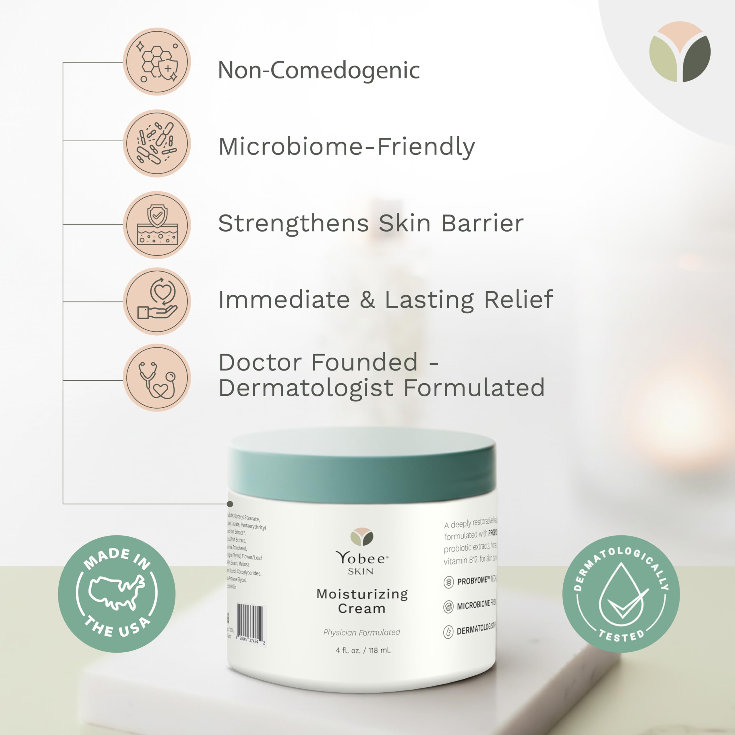 Yobee Body & Face Cream for Dry, Itchy Skin, Eczema & Psoriasis, Dermatologist Formulated, Probiotics, Honey, Turmeric, Vitamins B12 & E, Ceramides, Shea Butter, Fragrance Free, For Kids & Adults