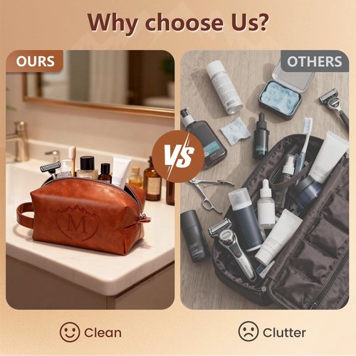 BagUrshion Toiletry Bag for Men,Mens Travel Toiletry Organizer,Personalized Men's Travel Essentials,Water Resistant PU Leather Shaving Bag for Dad Husband Boyfriend, Birthday Gifts for Him,Brown - M