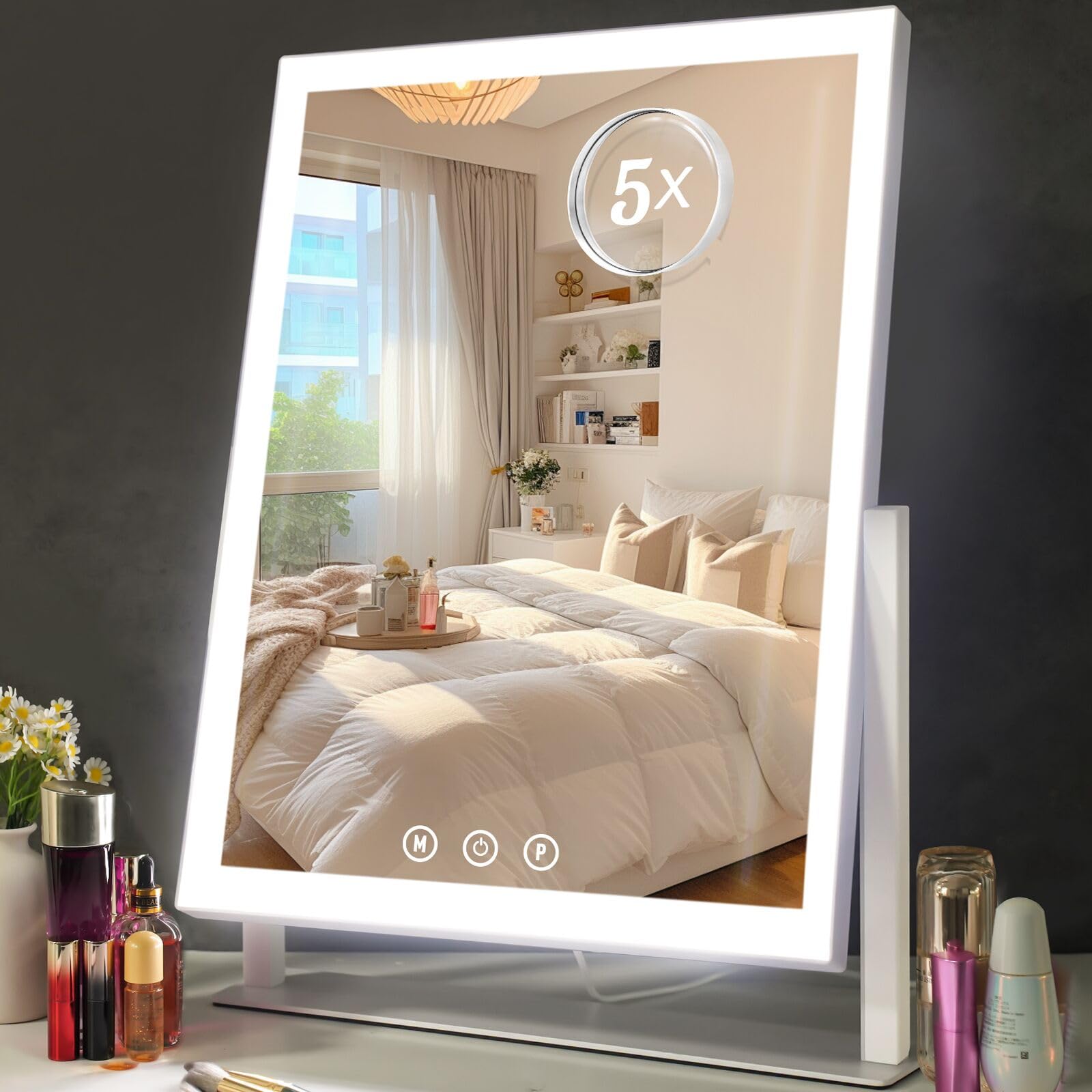 ViKert Light up Makeup Mirror for Vanity, Desk Mirror with Light with 5X Magnification Mirror, Light up Vanity Mirror, Led Mirror for Desks, Makeup Vanity Mirror, 3 Color, Touch Control