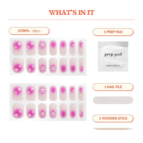 Heyhae Semi Cured Gel Nail Strips | No LED Lamp Needed | Pink, Valentines | Easy Apply & Remove, Salon Quality | Includes 28 Strips, 1 Prep Pads, Nail File & Wooden Stick - Hey, Born to Sparkle