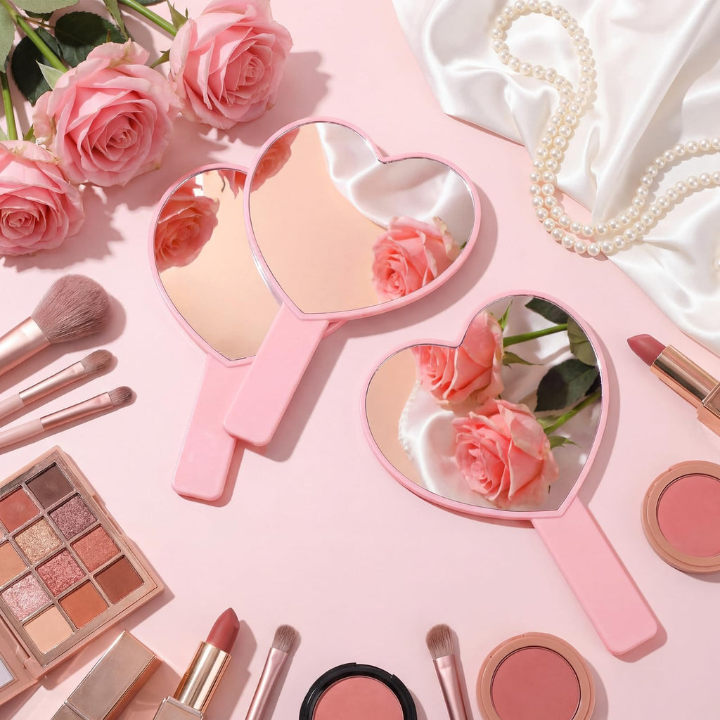 Yalikop 3 Pcs Handheld Heart Mirror Valentines Gifts Cute Travel Mini Makeup Plastic Mirrors with Handle Pink Gifts for Women Birthday Party Favor Cosmetic (Pink)