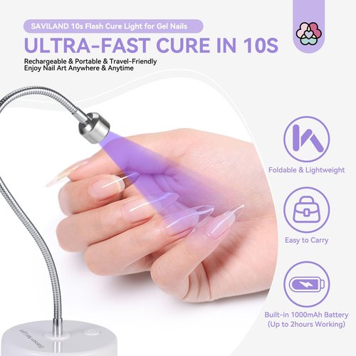 SAVILAND Gooseneck UV Light for Gel Nails: Touch Switch 12W U VNail Lamp 5S Quick Drying LED Flash Cure Lamp Rechargeable Gel Flash Cure Light 3 Timers Setting 360° Adjustable Home Salon Manicure