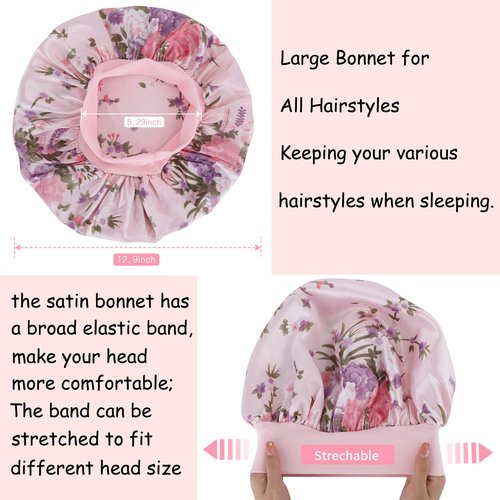 3 Pack Satin Bonnet Silk Hair Bonnet for Sleeping, Sleep Bonnets for Women Large Wide Soft Band Sleep Cap for Curly Hair Braids