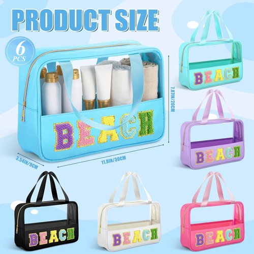 Hillban Clear Beach Makeup Bags - 6 Pcs Waterproof Travel Toiletry Set with Handle | Large PVC Nylon for Summer