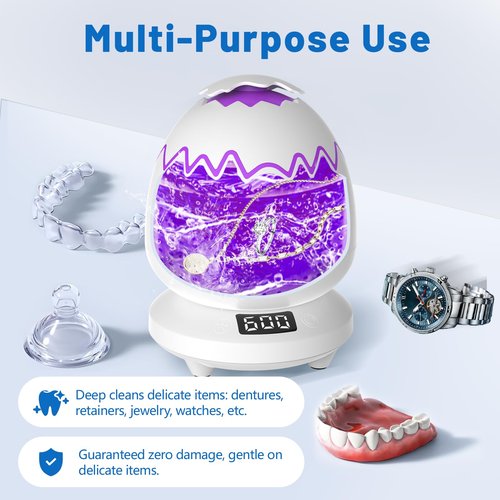 Ultrasonic Retainer Cleaner Machine for Dentures | 45kHz Dental Cleaning Pod for Aligner, Nightguard, Braces, Jewelry, Watch, 3 Timer Modes - with Cooling Fan & Removable Base (Light Purple)