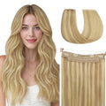 HOTBANANA Wire Hair Extensions, 14 Inch 75g Ash Tone Light Blonde Highlighted Golden Blonde, Transparent Fish Line Wire Extensions for Women