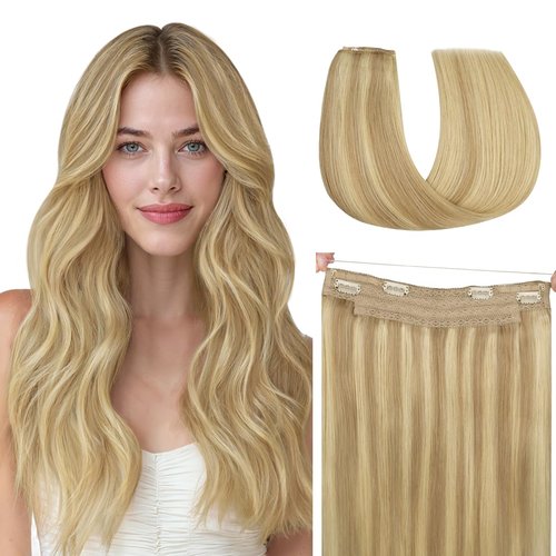 HOTBANANA Wire Hair Extensions, 14 Inch 75g Ash Tone Light Blonde Highlighted Golden Blonde, Transparent Fish Line Wire Extensions for Women