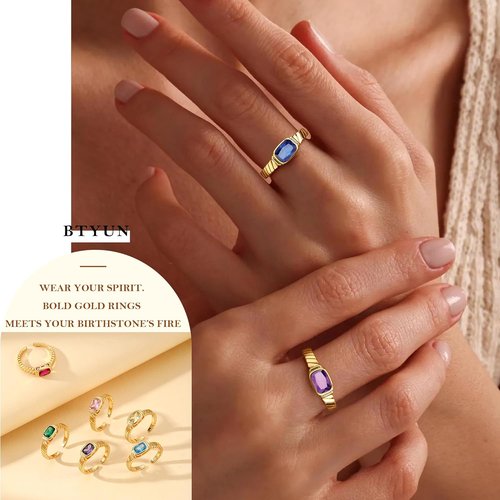 **Skiennix Gold Rings for Women - Non-Tarnish Birthstone Adjustable Stackable Ring | Perfect Mother's Day Gift**