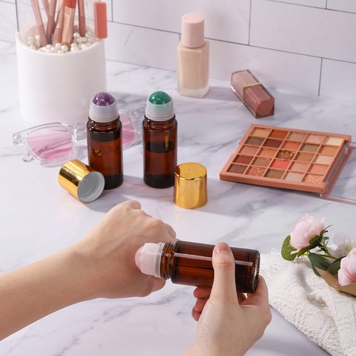 RAMFIYN 2 pack 1.7oz Large Amber Glass Roll on Bottles Rose Quartz Roller Ball Applicator for Essential Oils Perfume Refillable Empty Deodorant Containers with Pink Crystal Rollerball