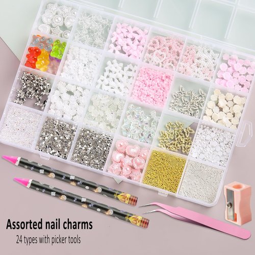 3D Nail Charms Bulk - Mix Assorted Colorful Nail Art Charms with Flowers, Hearts, Pearls, Butterflies, Bows & Crystals - Includes Pickup Tool
