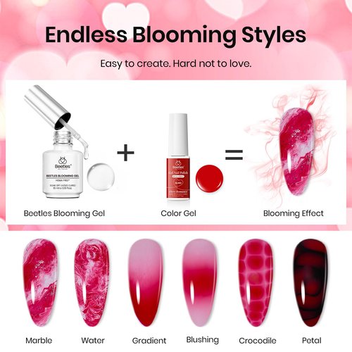 Beetles Blooming Gel Nail Polish Kit - Hema Free Clear Blooming Gel with Red Nail Polish & Nail Art Brush, Soak Off UV/LED for Flower Marble Watercolor Nail Designs DIY Gift Set