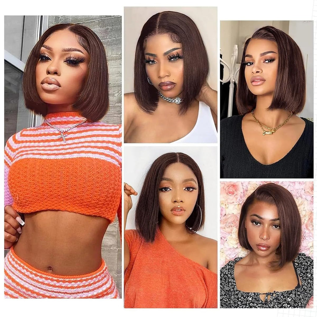 YOUFA Mocha Brown Lace Front Human Hair Wigs Pre Plucked 13x4 Transparent Swiss Lace Frontal Short Bob Wigs Blunt Cut Bob Style Bone Straight Human Hair Wigs (Chocolate Brown, 8 inch)