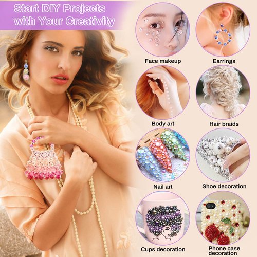 8000Pcs Flatback Pearls for Crafts, Cridoz Assorted Sizes Half Round Pearl Beads Rhinestones for Nails, Makeup, Shoes, Handmade Art Work