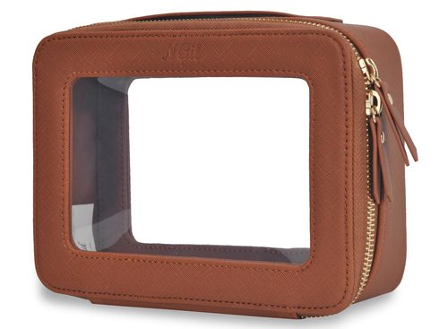 NGIL Clear Faux Leather Travel Toiletry Bag, Makeup Bag Organizer for Women, Clear Window & Gold Zipper Makeup Bag, Road Trip Essential, Skincare, Cruise Ship Essentials (Brown)