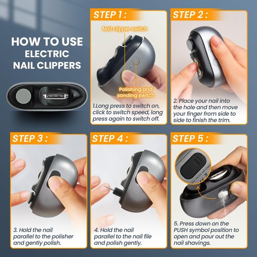 MOSKESON Electric Nail Clipper: 3-in-1 Automatic Fingernail Trimmer, Polisher & Clip Storage with LED Light, USB Rechargeable & 2 Speed Gears Automatic Safety Nails Cutter for Baby Kids Adult (Grey)