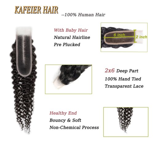 2x6 Kinky Curly Lace Closure 100% Unprocessed Human Hair 10a Remy Closure Pre-Plucked Hairline Wet And Wavy Curly Closure Deep Middle Part With Baby Hair For Women 18 Inch