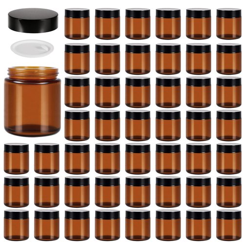 48 Pack 4oz Amber Glass Jars with Lids, Airtight Containers with Liners Lid for Cosmetics, Travel, Lotions Powder, Onitments Candle Making, DIY | Leak-Proof, Reusable (4OZ)