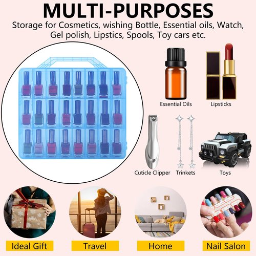 LAUQEE Universal Nail Polish Holder Gel Nail Polish Organizer Case for 48 Bottles Adjustable Dividers Space Saver,Double Sided Storage for Nail Bottles Mini Cars Threads Essential Oils (Blue)