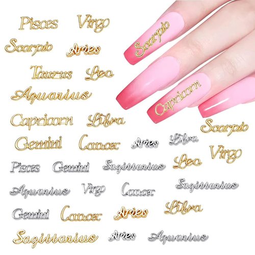 72pcs Zodiac Letter Nail Charms for Acrylic Nails Alloy Twelve Constellation Zodiac Sign Silver Gold Charm Jewels Studs Hollow Letter Nail Art Nail Decoration DIY Craft for Women Girls Manicure