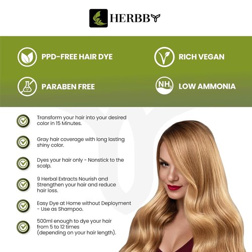 HERBBY Hair Color Shampoo - Gray Hair Coverage & Color Transformation with 9 Herbal Extracts | 500ml Light Honey Color, Long-Lasting Shine