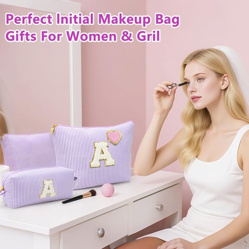 Personalized Initial Makeup Bag Gifts Preppy Cosmetic Bag Trendy Toiletry Travel Bag For Teen Girls Kids Women Letter Makeup Pouch Purse Holiday Gifts Birthday Christmas Gifts 2pack (W, Purple)