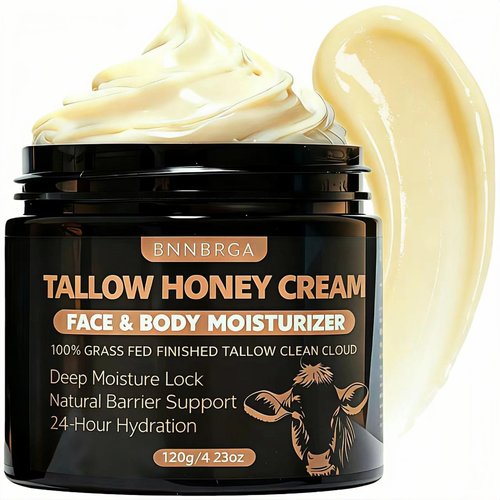 BNNBRGA Organic Grass-Fed Beef Tallow for Skin – Moisturizing Cream with Raw Honey, Handmade All-Natural, for Soft Smooth Skin （4 Oz ）