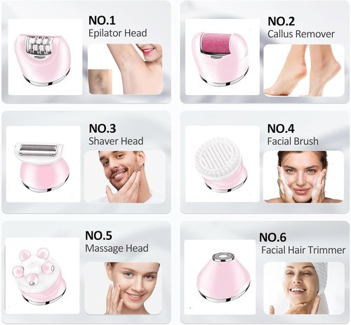 Skiennix 6-in-1 Hair Removal Epilator - Waterproof Rechargeable Shaver & Facial Brush (Pink)