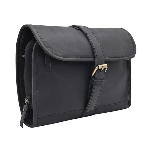 Autentico Leather Genuine Buffalo Leather Hanging Toiletry Bag with Waterproof Lining for Men & Women Handcrafted Vintage Distressed Brownn Leather Dopp Kit, Travelling Kit (Black)